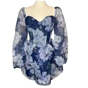 New‎ Lulus Positively Enchanting Blue Floral Organza Bustier Mini Dress Size M